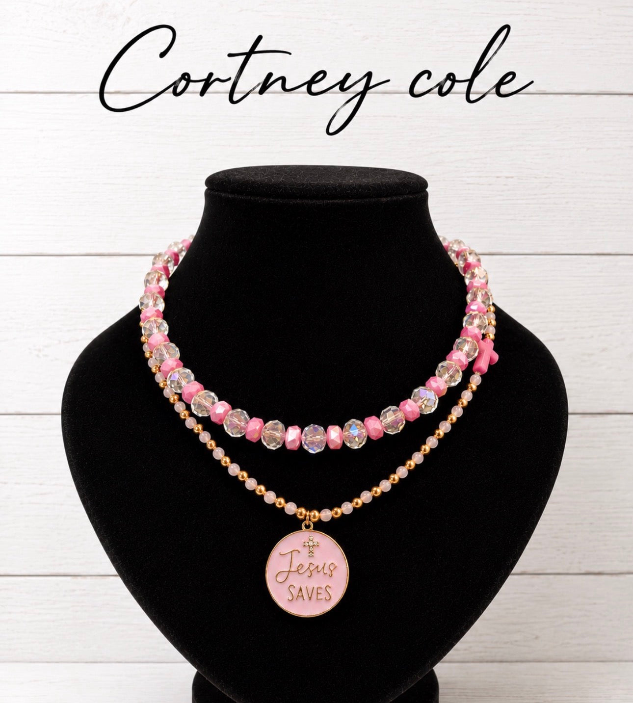 Blessed & Bejeweled Handmade Necklace Set — Bubblegum Pink Crystals with Jesus Saves Pendant & Pink Howlite Cross