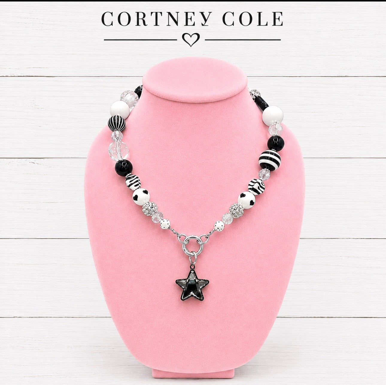 Midnight Star Handmade Necklace — Black, White & Silver Beads with Glass Star Pendant