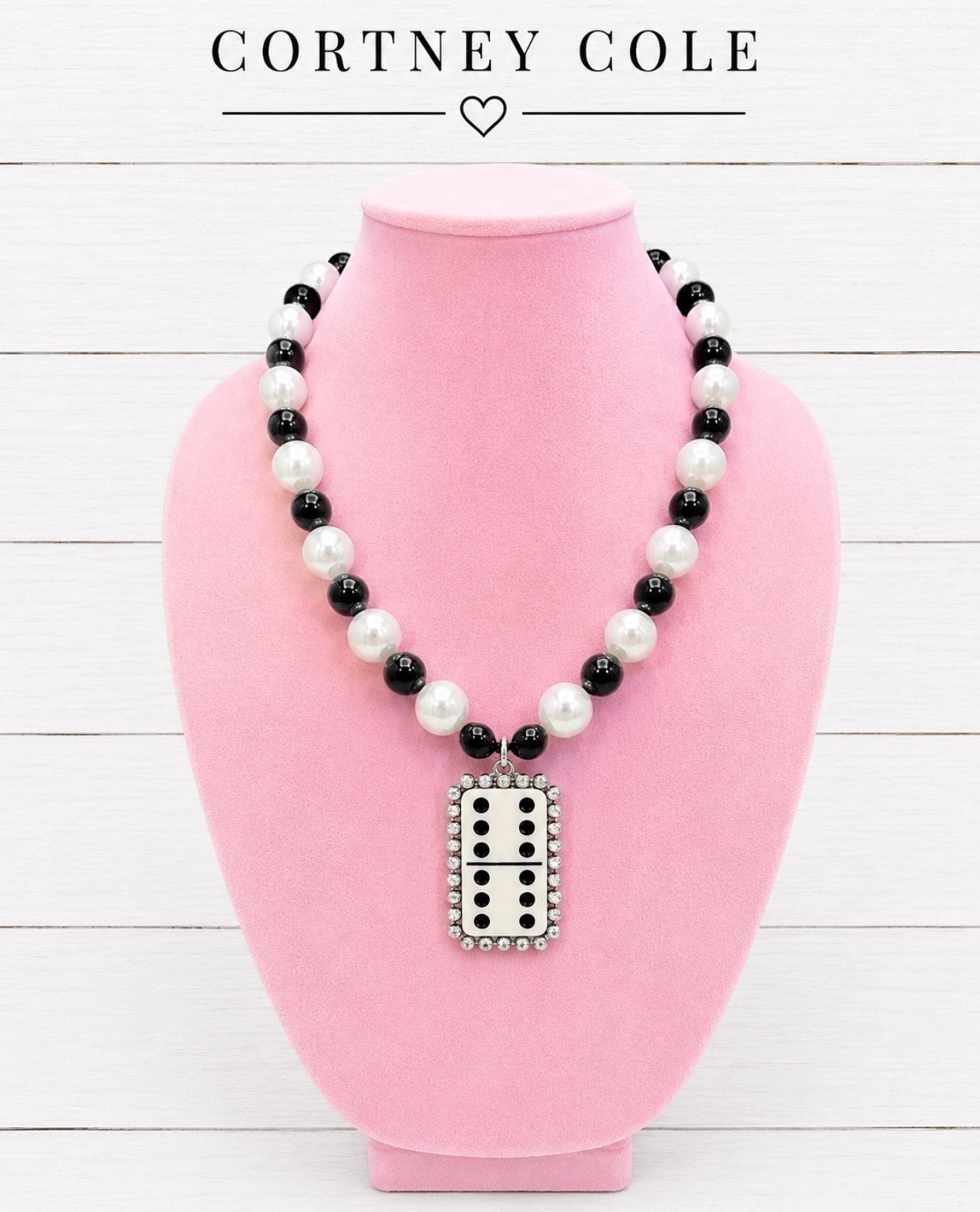 Double Down Handmade Pearl Necklace — Black & White Pearls with Domino Pendant