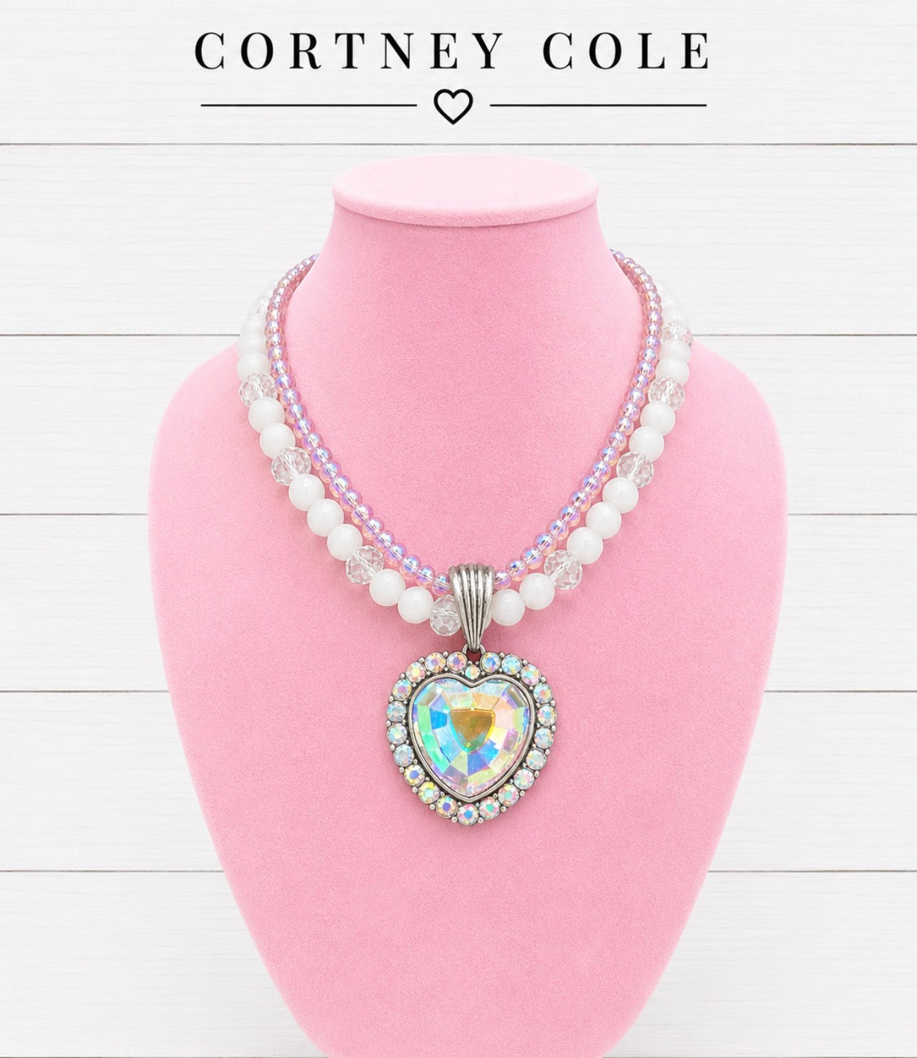 White and Iridescent Double Srand with Iridescent Heart Pendant