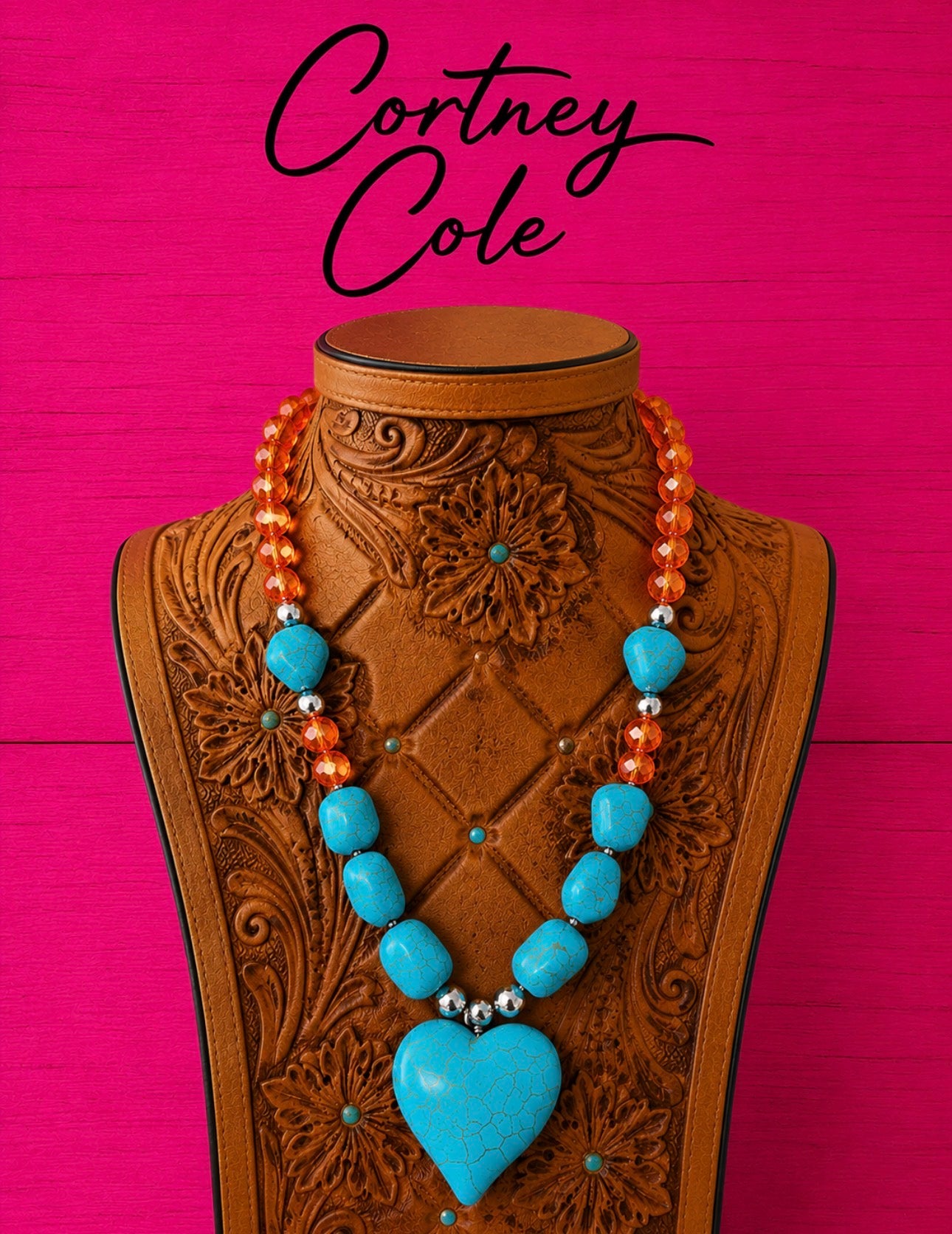 Turquoise and Orange Crystals with Turquoise Heart Pendant