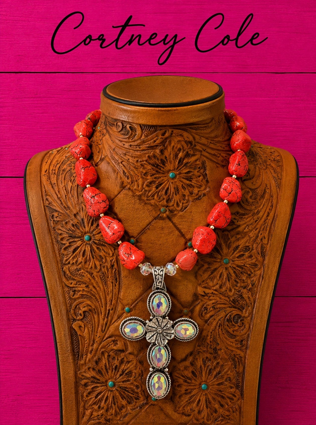 Pink Turquoise with Rhinestone Cross Pendant