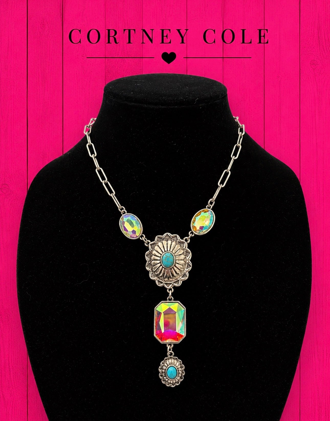 Concho Dreams Boutique Necklace — Silver Paperclip Chain with Turquoise & Iridescent Concho Drop Pendant