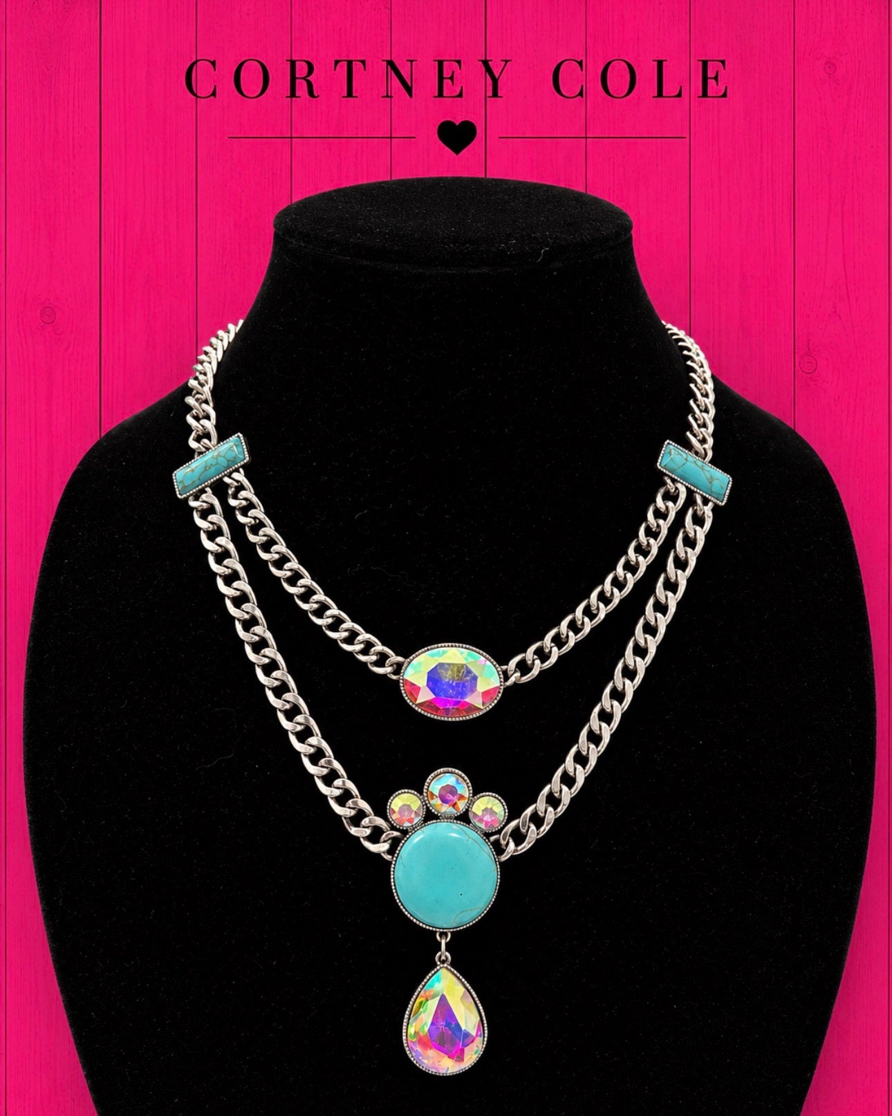 Desert Dusk Boutique Necklace — Double Strand Metal with Turquoise & Iridescent Rhinestone Drop Pendant