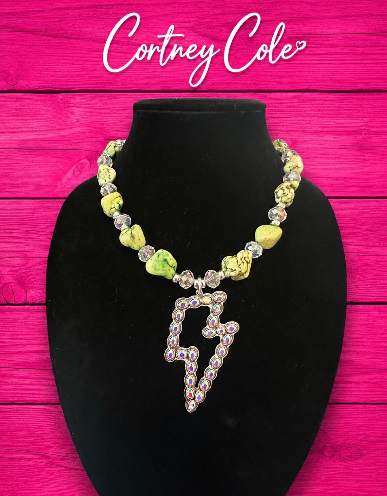 Electric Storm Necklace — Lime Green Howlite, Crystal Spacers & Iridescent Lightning Bolt Pendant