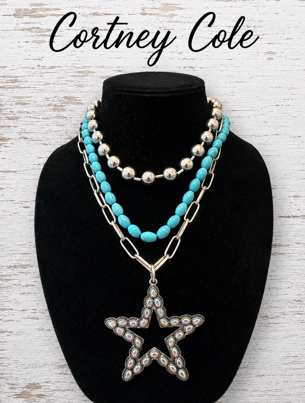 Lone Star Layered Necklace Set — Silver Ball Chain, Paperclip & Turquoise Bead with Star Pendant