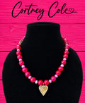 Bubblegum Bliss Beaded Necklace — Pink Glass & Crystal with Gold Heart Pendant