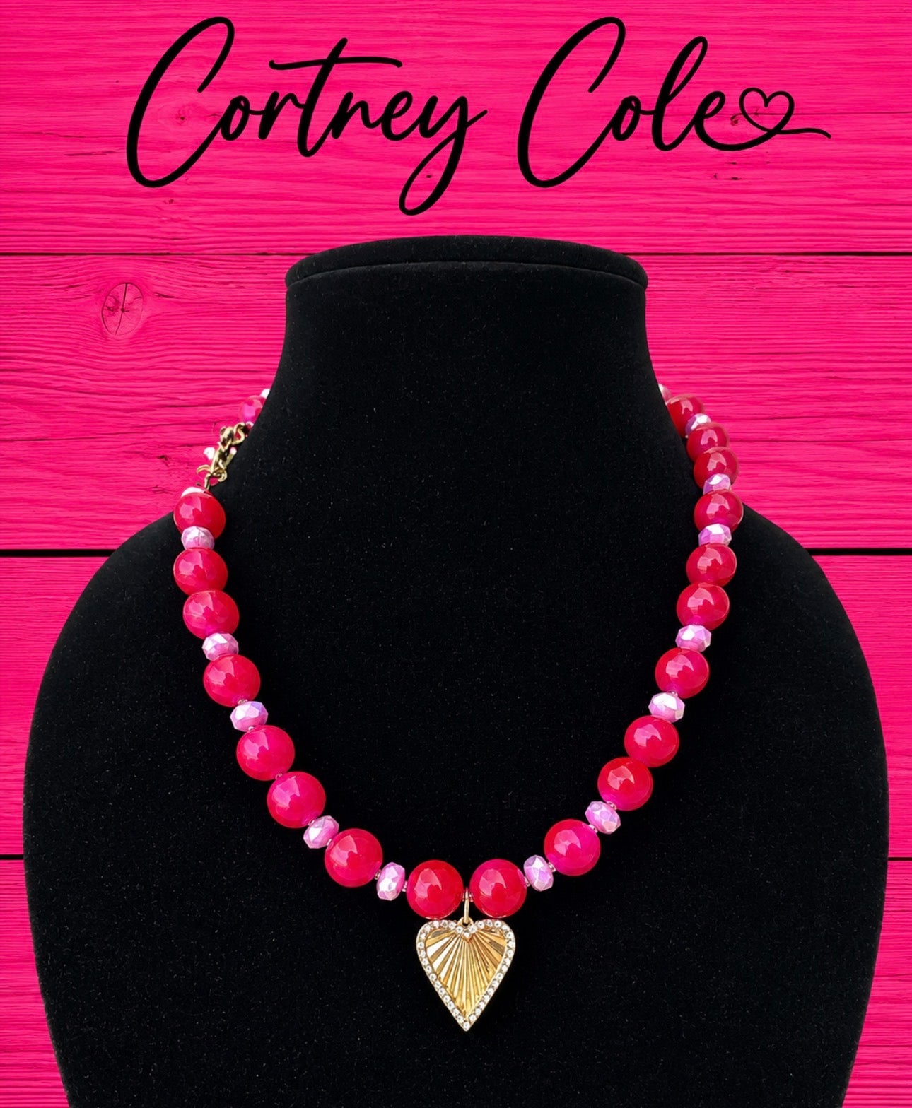 Bubblegum Bliss Beaded Necklace — Pink Glass & Crystal with Gold Heart Pendant